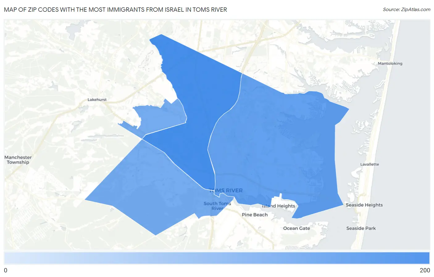 Zip Codes with the Most Immigrants from Israel in Toms River Map