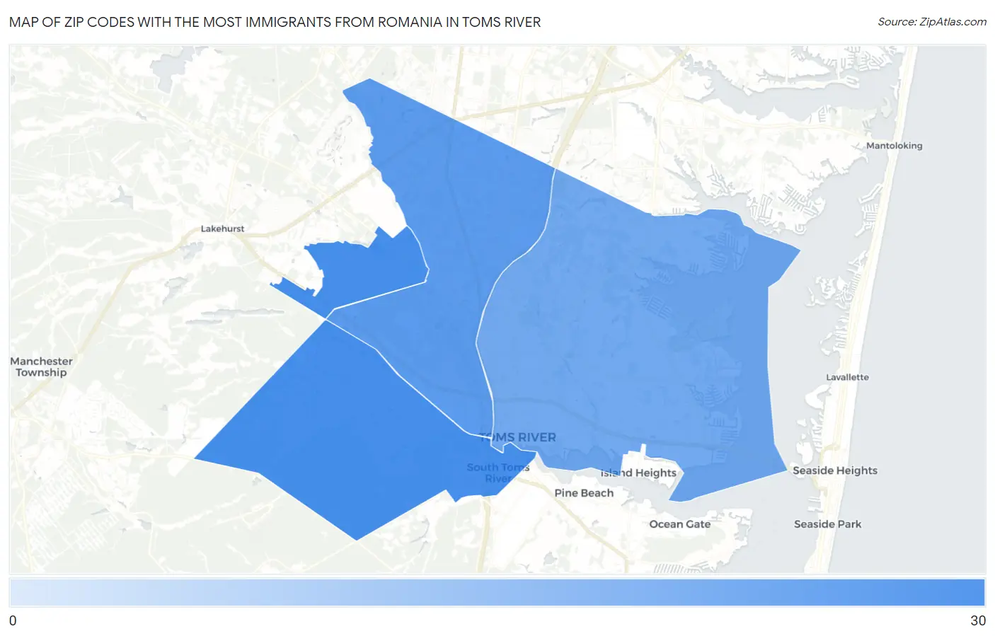 Zip Codes with the Most Immigrants from Romania in Toms River Map