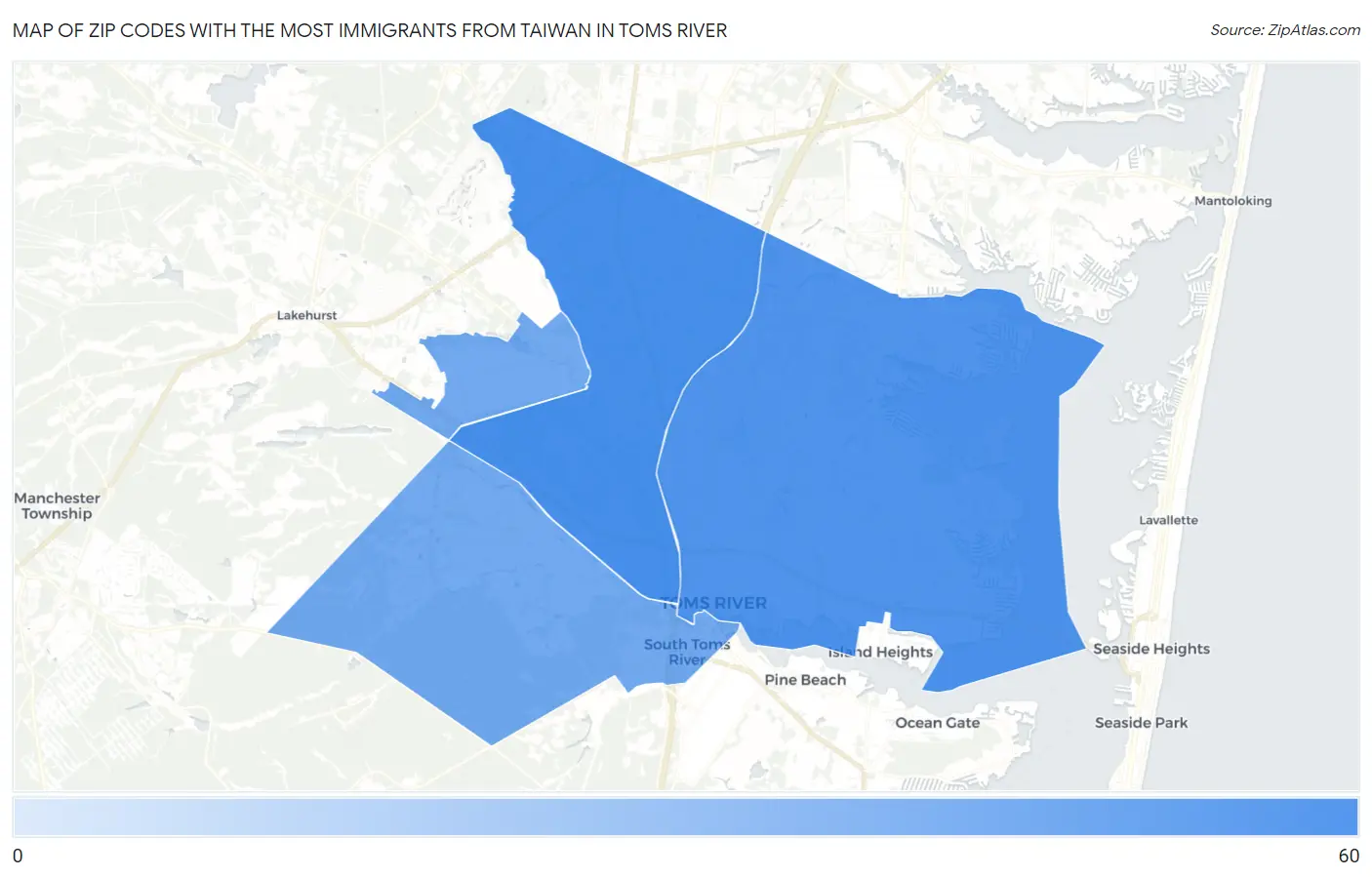 Zip Codes with the Most Immigrants from Taiwan in Toms River Map