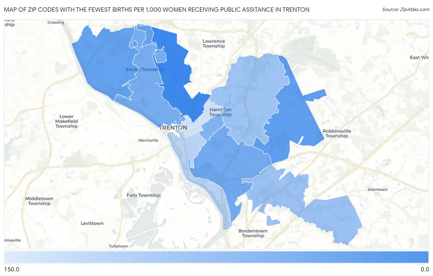 Zip Codes with the Fewest Births per 1,000 Women Receiving Public Assitance in Trenton Map