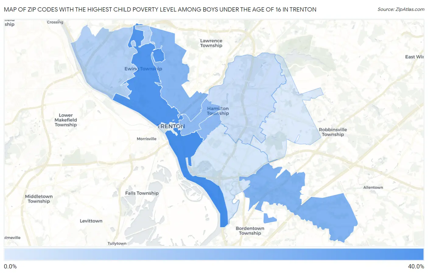 Zip Codes with the Highest Child Poverty Level Among Boys Under the Age of 16 in Trenton Map