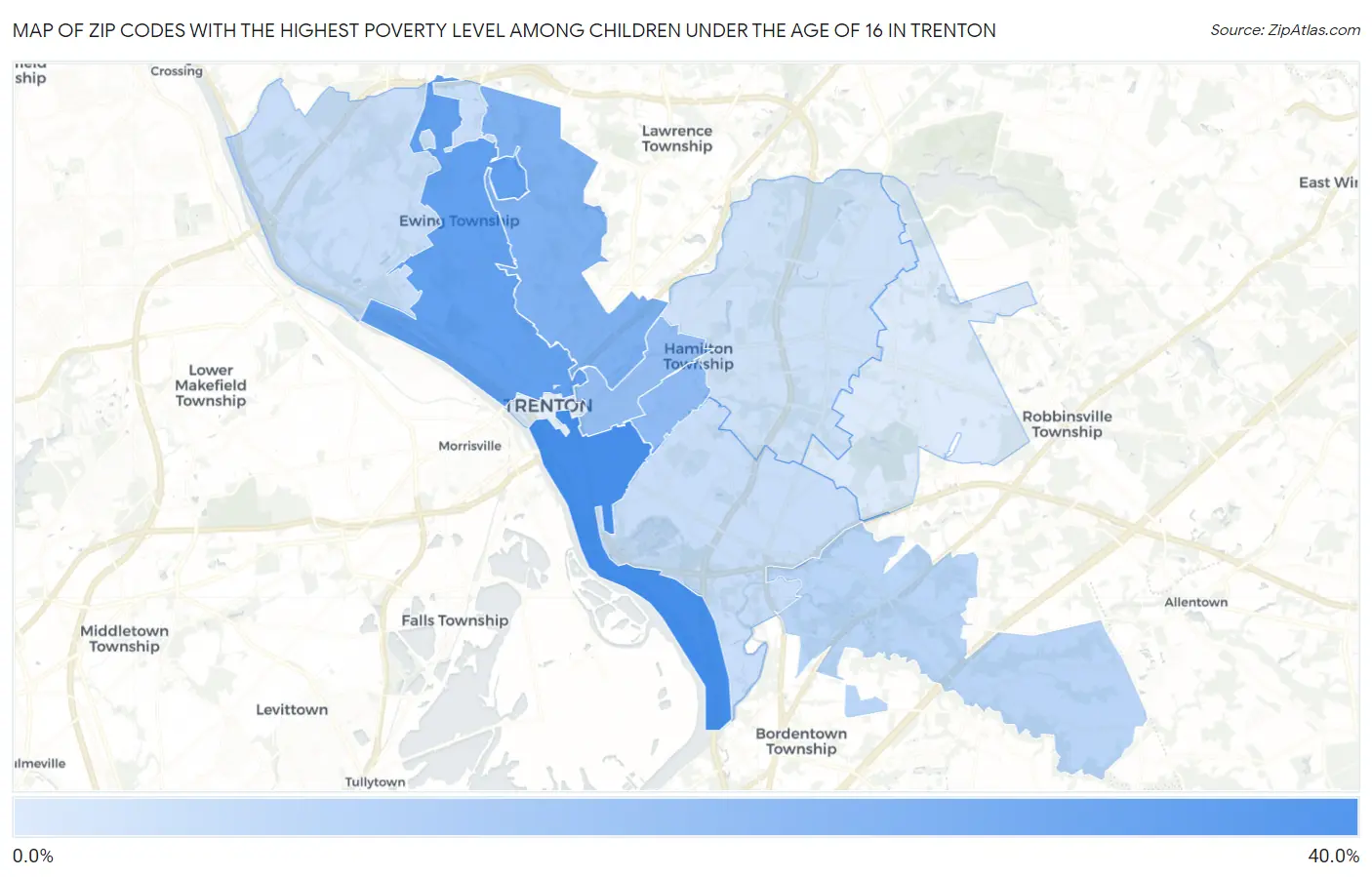 Zip Codes with the Highest Poverty Level Among Children Under the Age of 16 in Trenton Map
