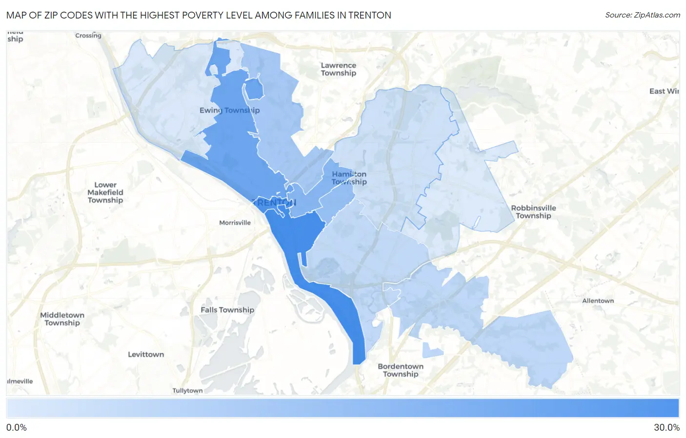 Zip Codes with the Highest Poverty Level Among Families in Trenton Map