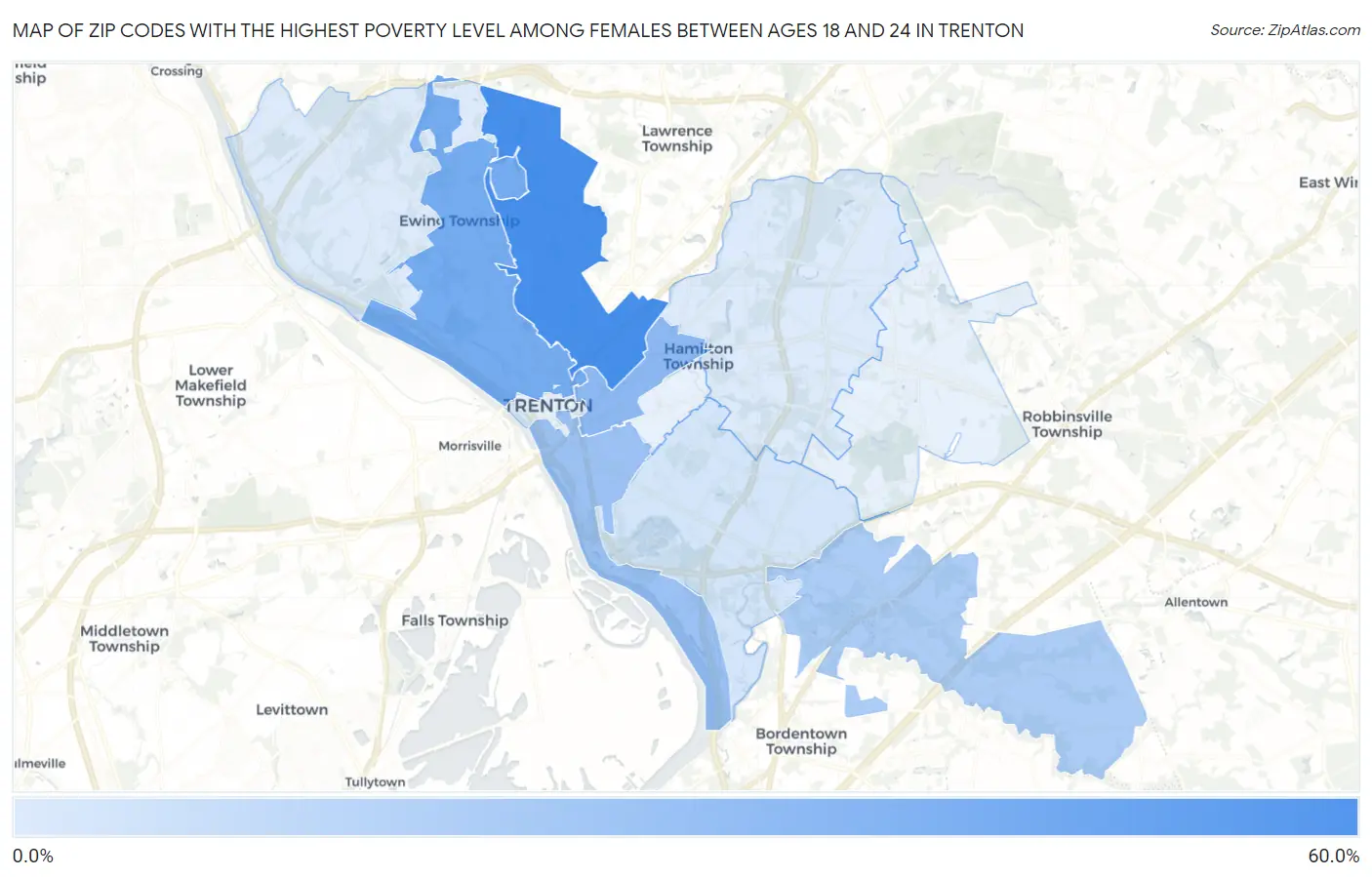 Zip Codes with the Highest Poverty Level Among Females Between Ages 18 and 24 in Trenton Map