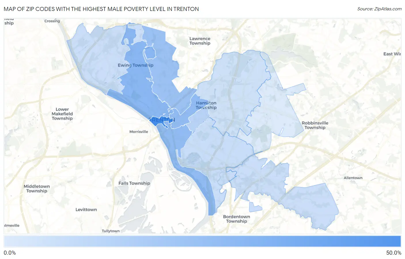 Zip Codes with the Highest Male Poverty Level in Trenton Map