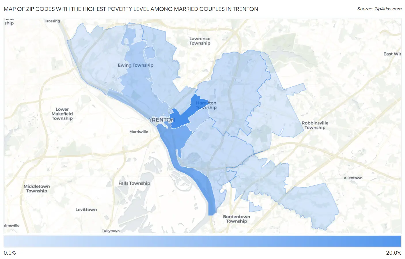 Zip Codes with the Highest Poverty Level Among Married Couples in Trenton Map