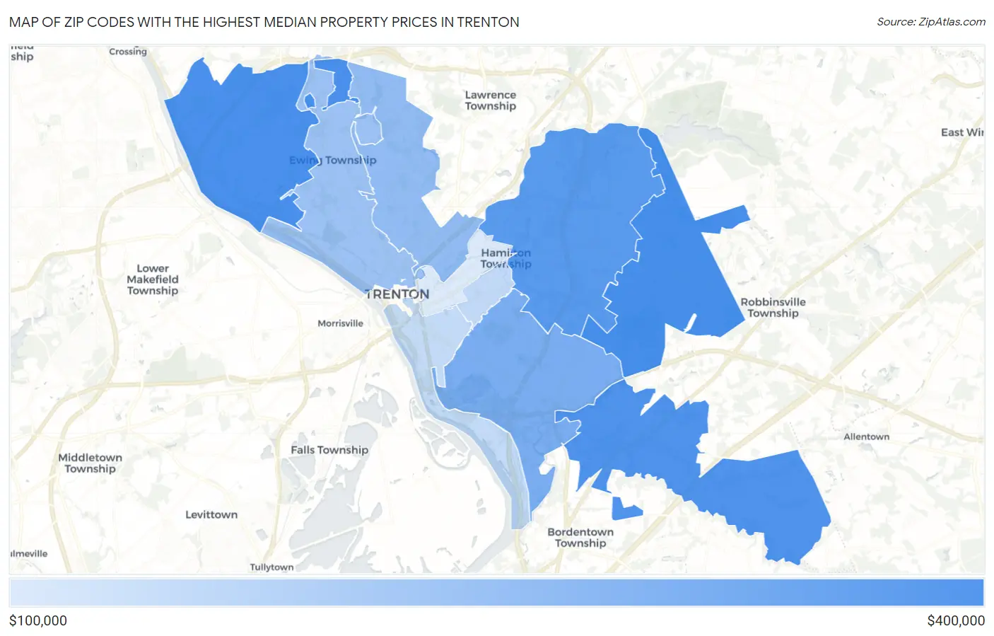 Zip Codes with the Highest Median Property Prices in Trenton Map