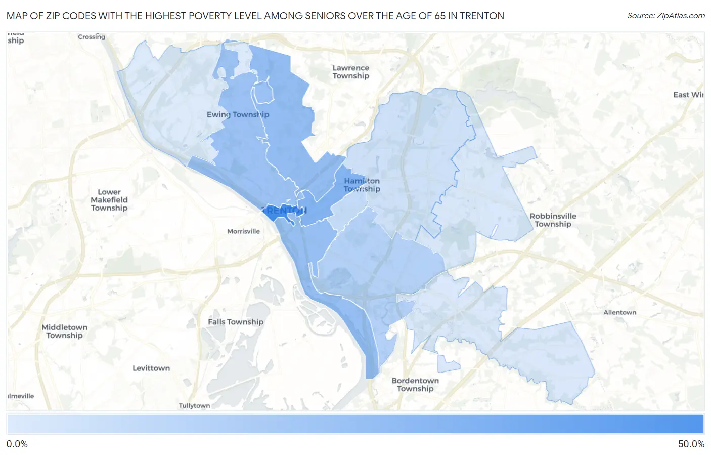 Zip Codes with the Highest Poverty Level Among Seniors Over the Age of 65 in Trenton Map