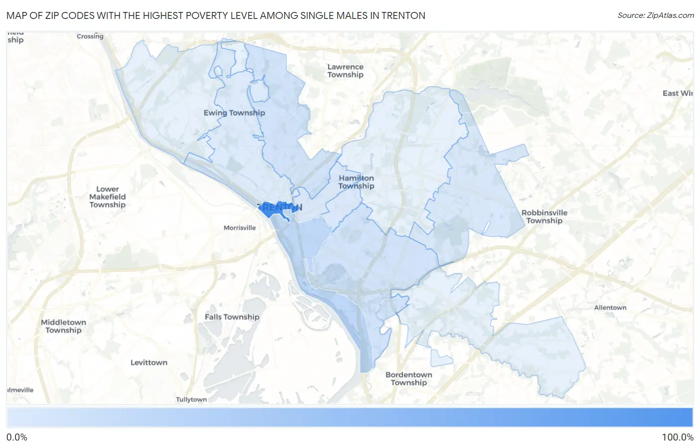 Zip Codes with the Highest Poverty Level Among Single Males in Trenton Map