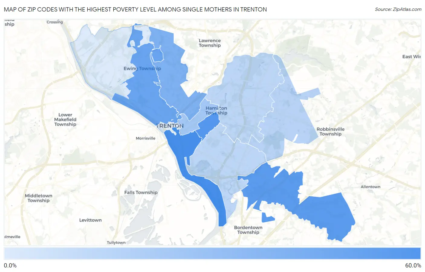 Zip Codes with the Highest Poverty Level Among Single Mothers in Trenton Map