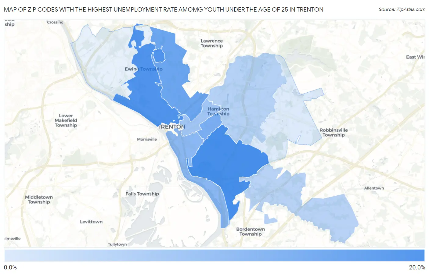 Zip Codes with the Highest Unemployment Rate Amomg Youth Under the Age of 25 in Trenton Map