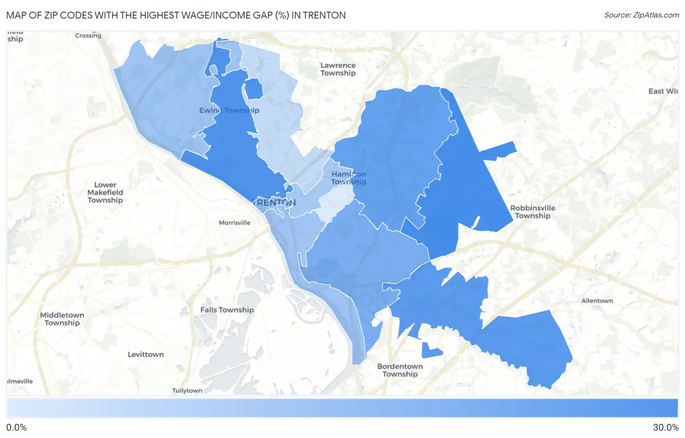 Zip Codes with the Highest Wage/Income Gap (%) in Trenton Map