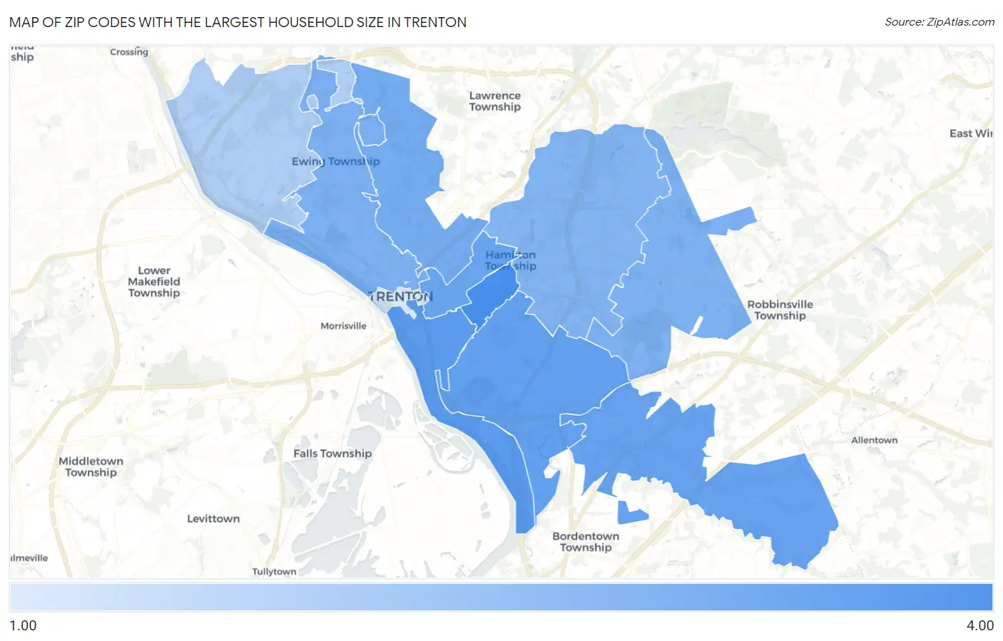 Zip Codes with the Largest Household Size in Trenton Map