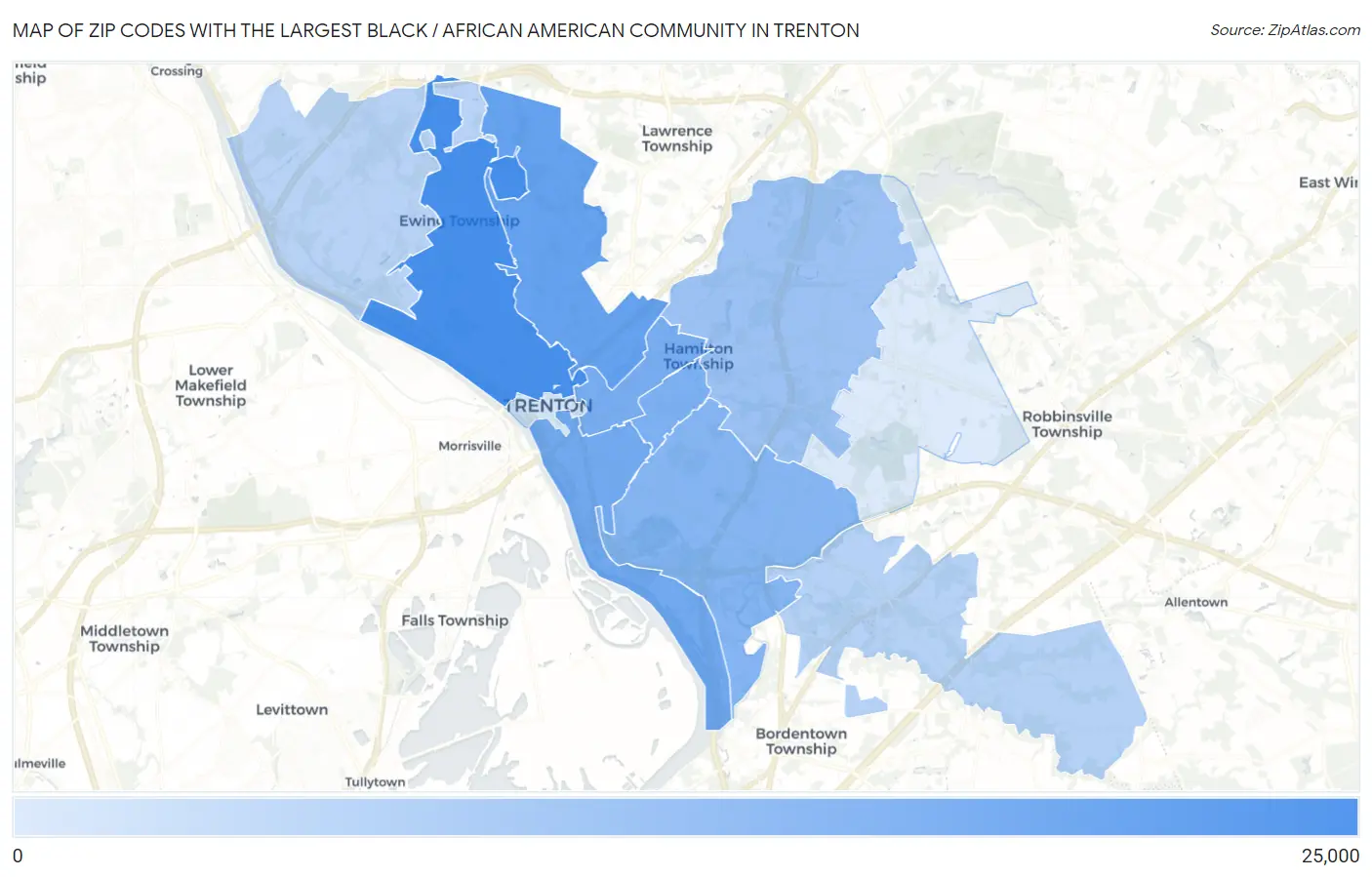 Zip Codes with the Largest Black / African American Community in Trenton Map