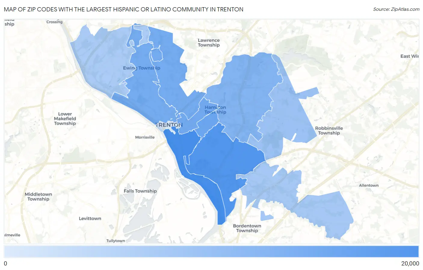 Zip Codes with the Largest Hispanic or Latino Community in Trenton Map