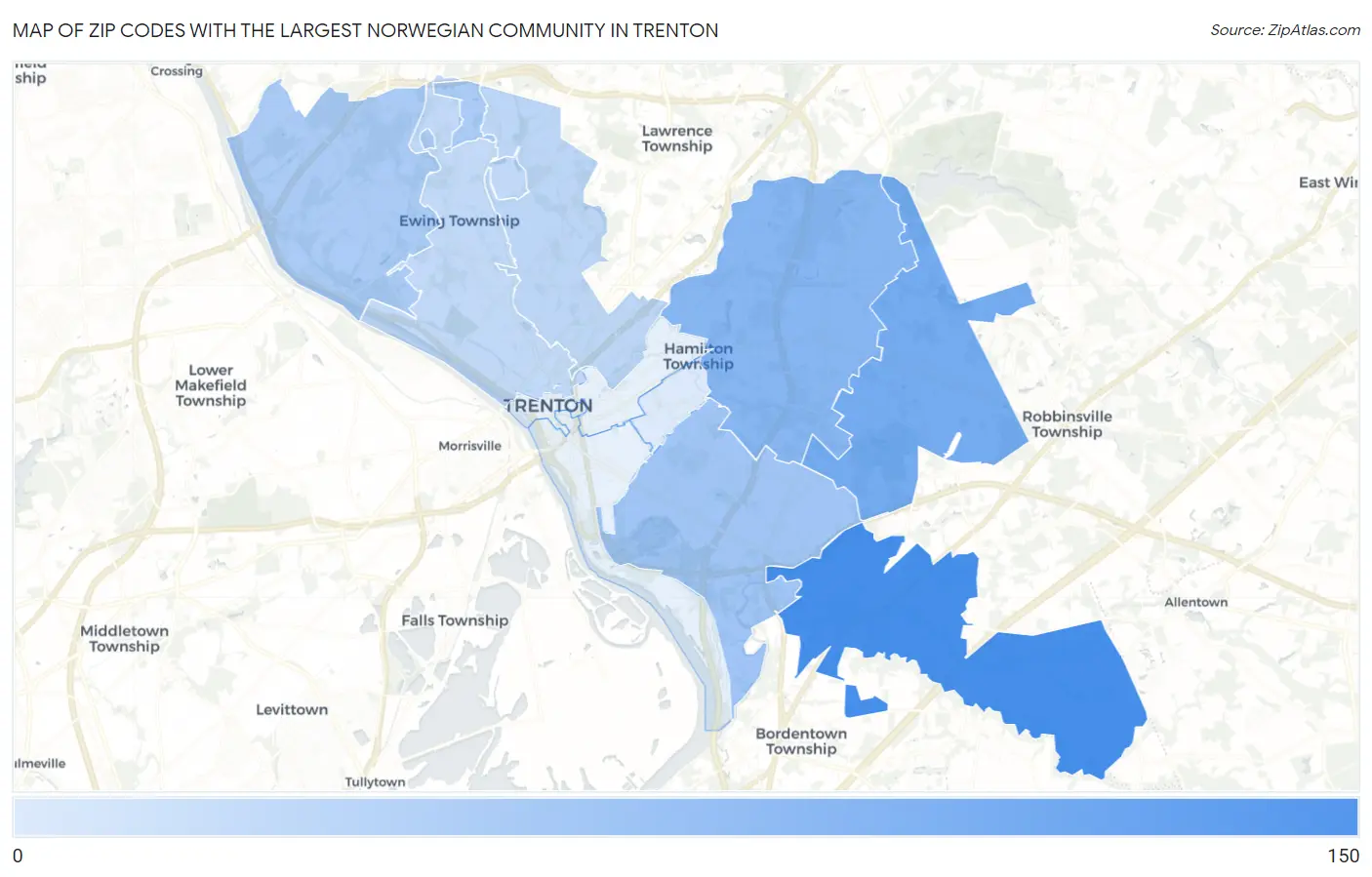 Zip Codes with the Largest Norwegian Community in Trenton Map