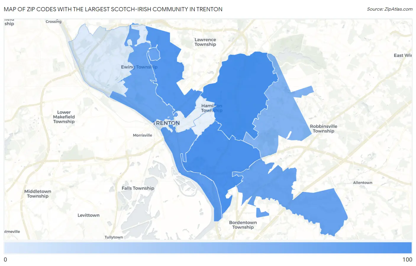 Zip Codes with the Largest Scotch-Irish Community in Trenton Map