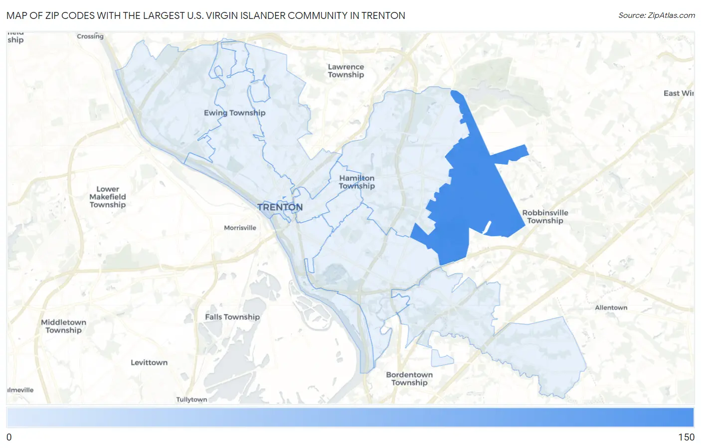 Zip Codes with the Largest U.S. Virgin Islander Community in Trenton Map