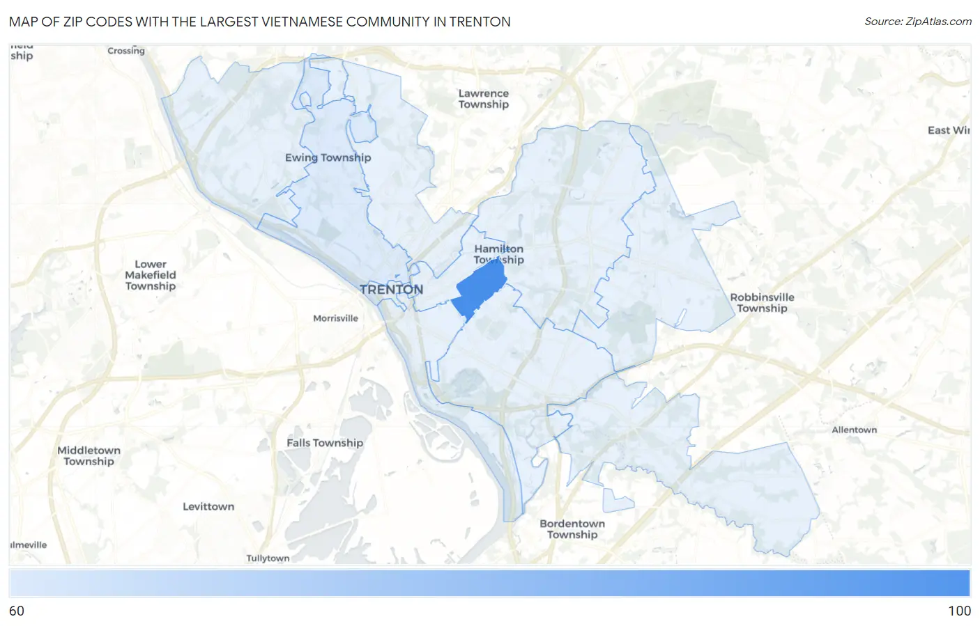 Zip Codes with the Largest Vietnamese Community in Trenton Map