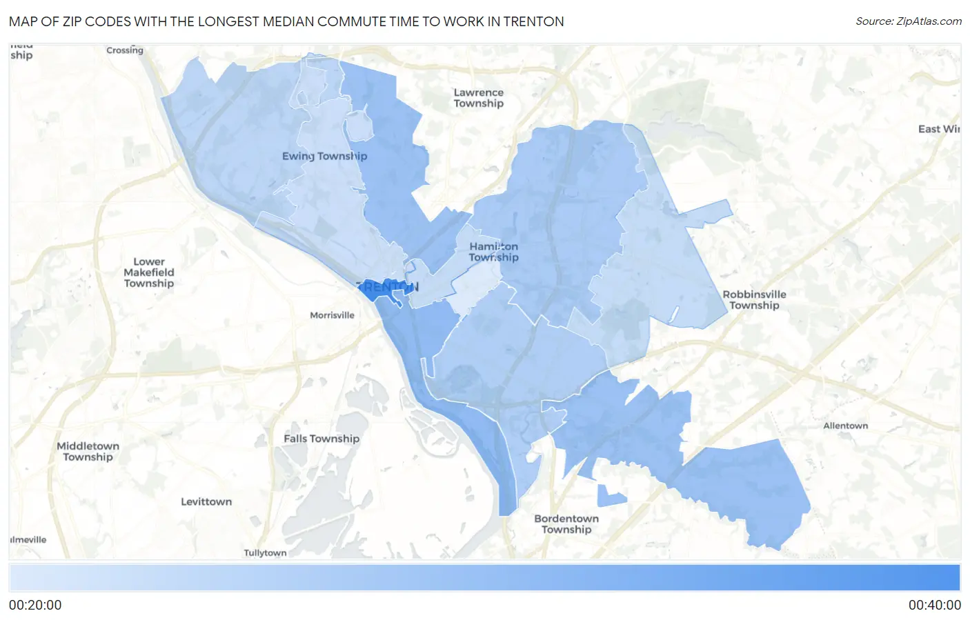 Zip Codes with the Longest Median Commute Time to Work in Trenton Map
