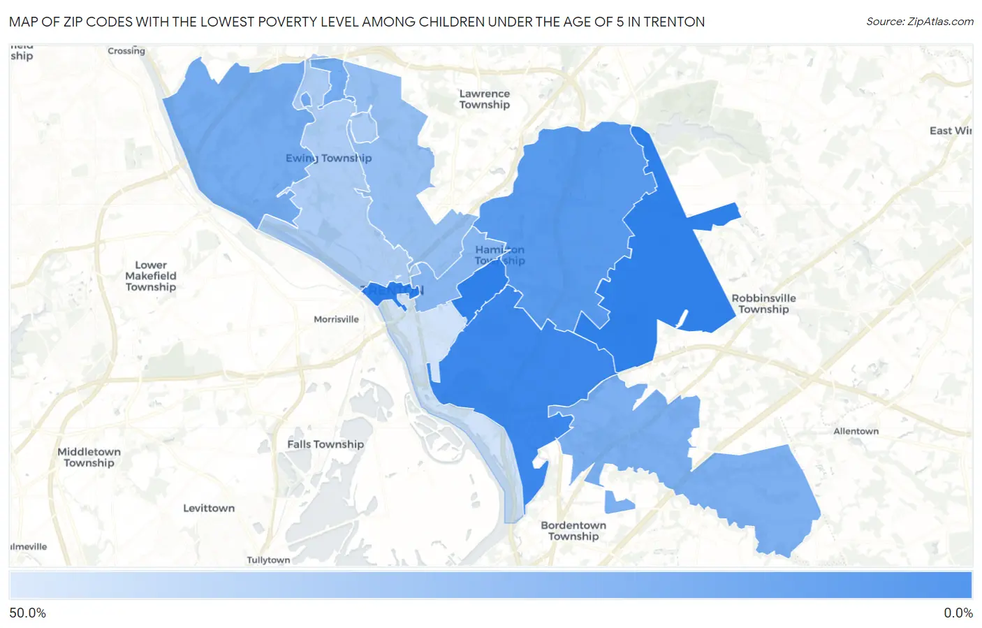 Zip Codes with the Lowest Poverty Level Among Children Under the Age of 5 in Trenton Map
