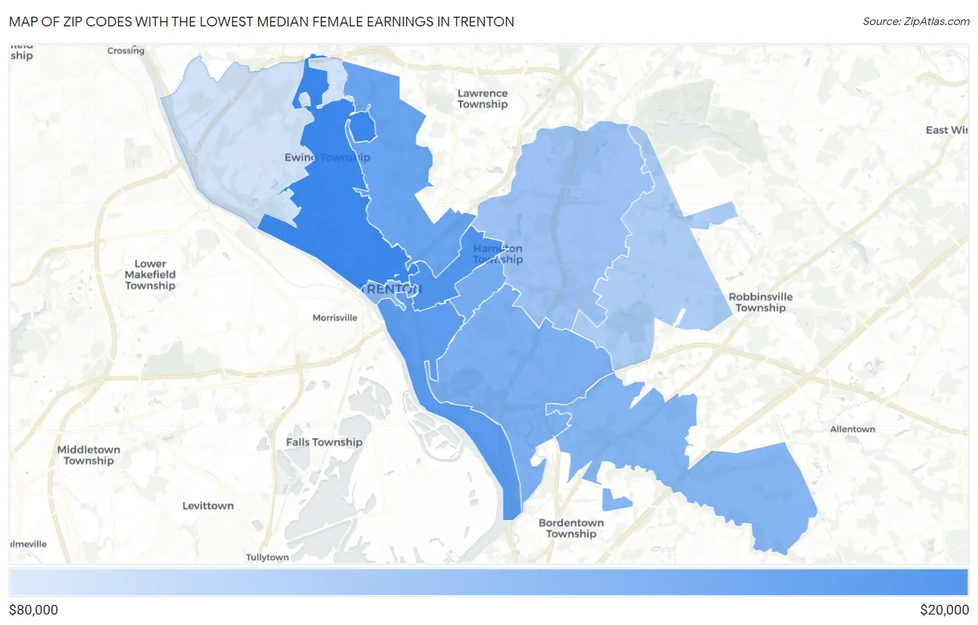 Zip Codes with the Lowest Median Female Earnings in Trenton Map