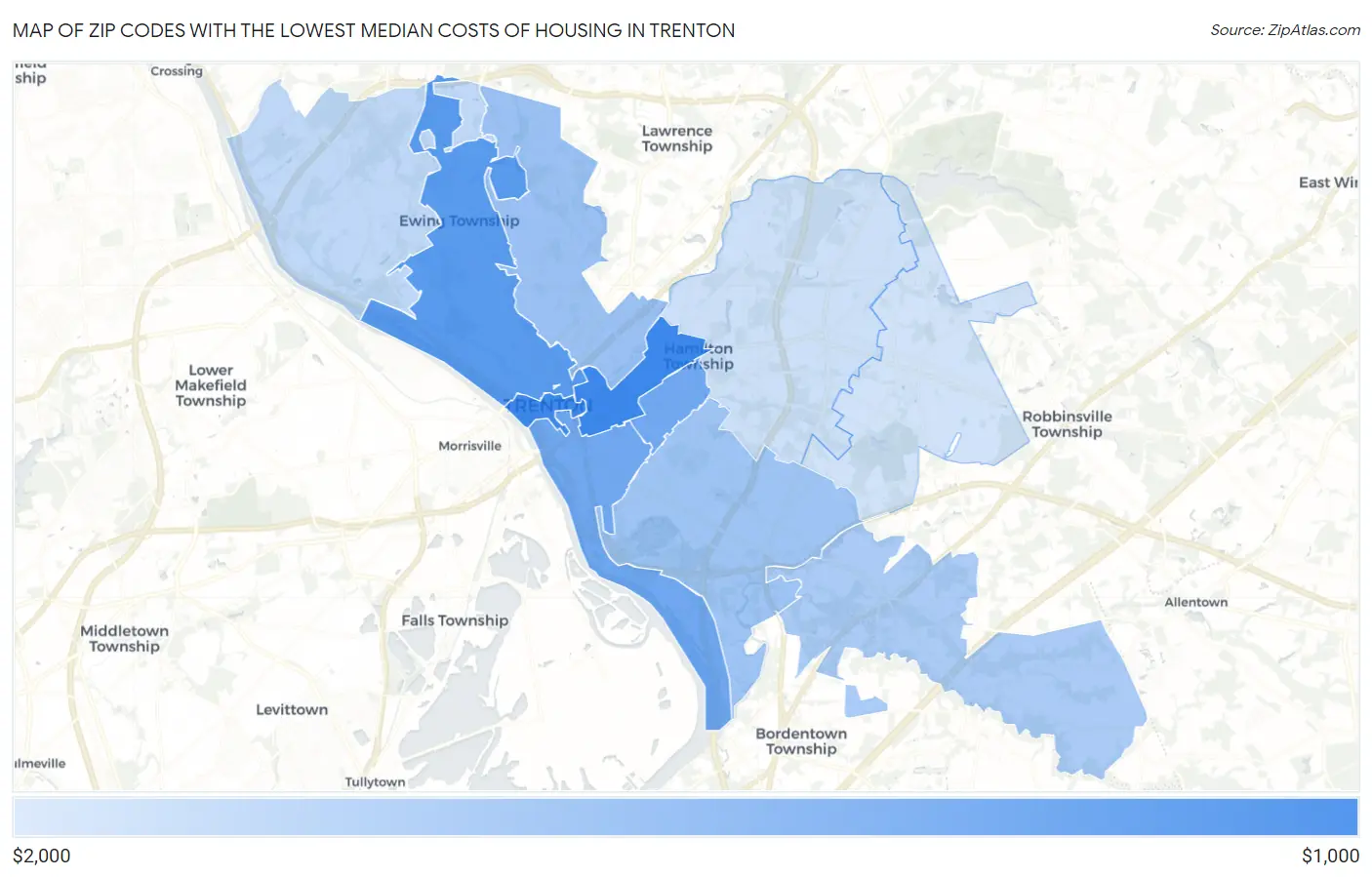Zip Codes with the Lowest Median Costs of Housing in Trenton Map