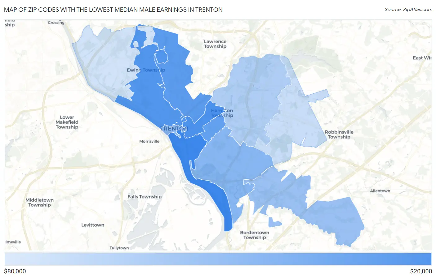 Zip Codes with the Lowest Median Male Earnings in Trenton Map