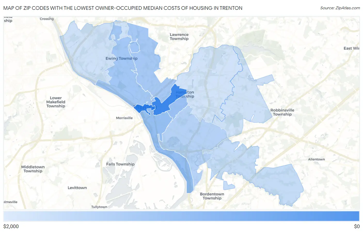 Zip Codes with the Lowest Owner-Occupied Median Costs of Housing in Trenton Map