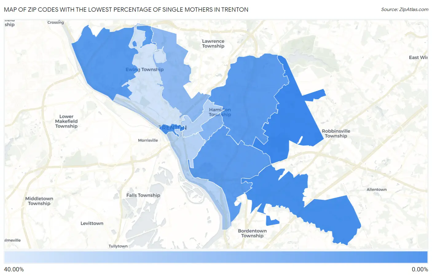 Zip Codes with the Lowest Percentage of Single Mothers in Trenton Map