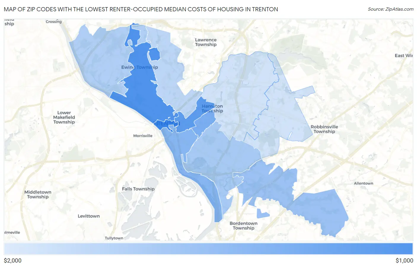 Zip Codes with the Lowest Renter-Occupied Median Costs of Housing in Trenton Map