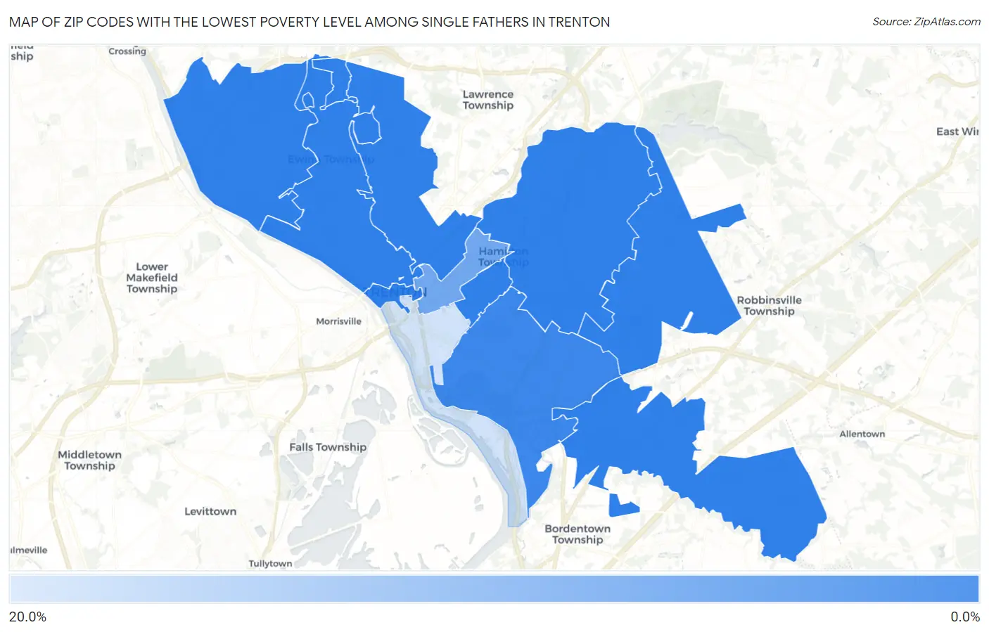 Zip Codes with the Lowest Poverty Level Among Single Fathers in Trenton Map