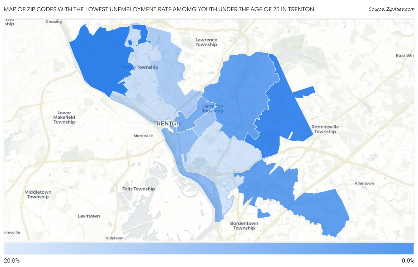 Zip Codes with the Lowest Unemployment Rate Amomg Youth Under the Age of 25 in Trenton Map