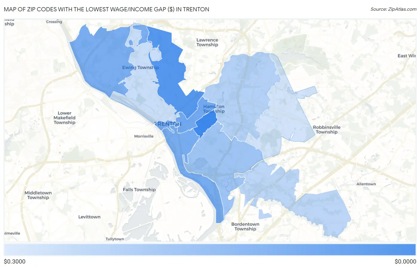 Zip Codes with the Lowest Wage/Income Gap ($) in Trenton Map