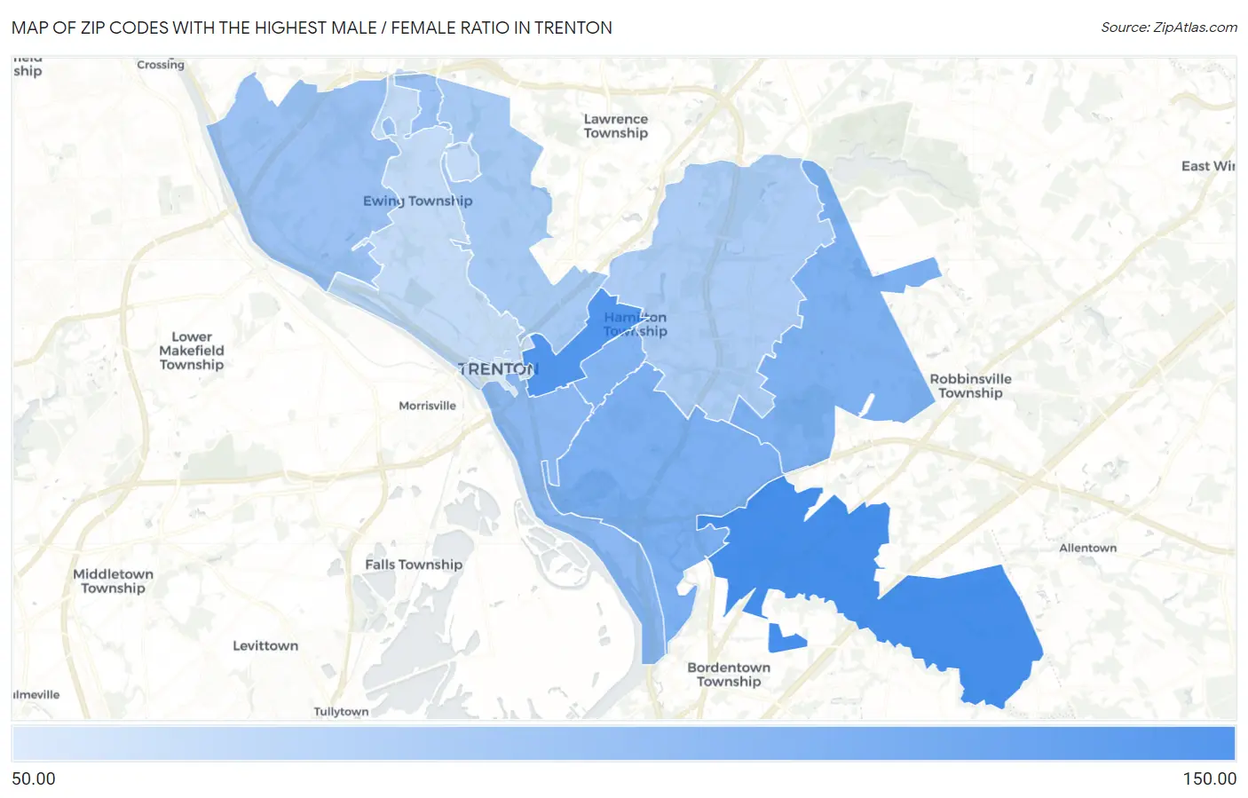 Zip Codes with the Highest Male / Female Ratio in Trenton Map