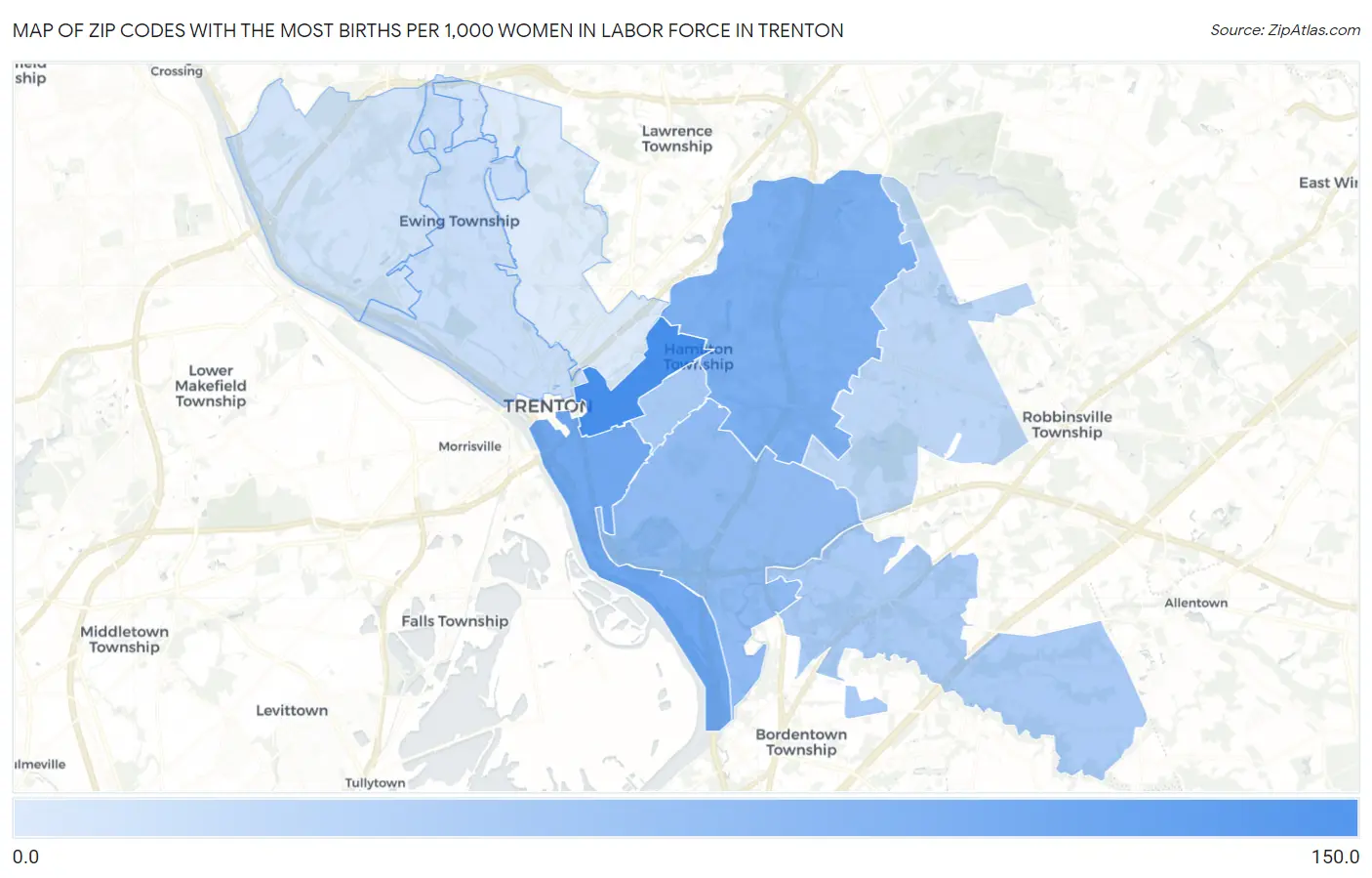 Zip Codes with the Most Births per 1,000 Women in Labor Force in Trenton Map