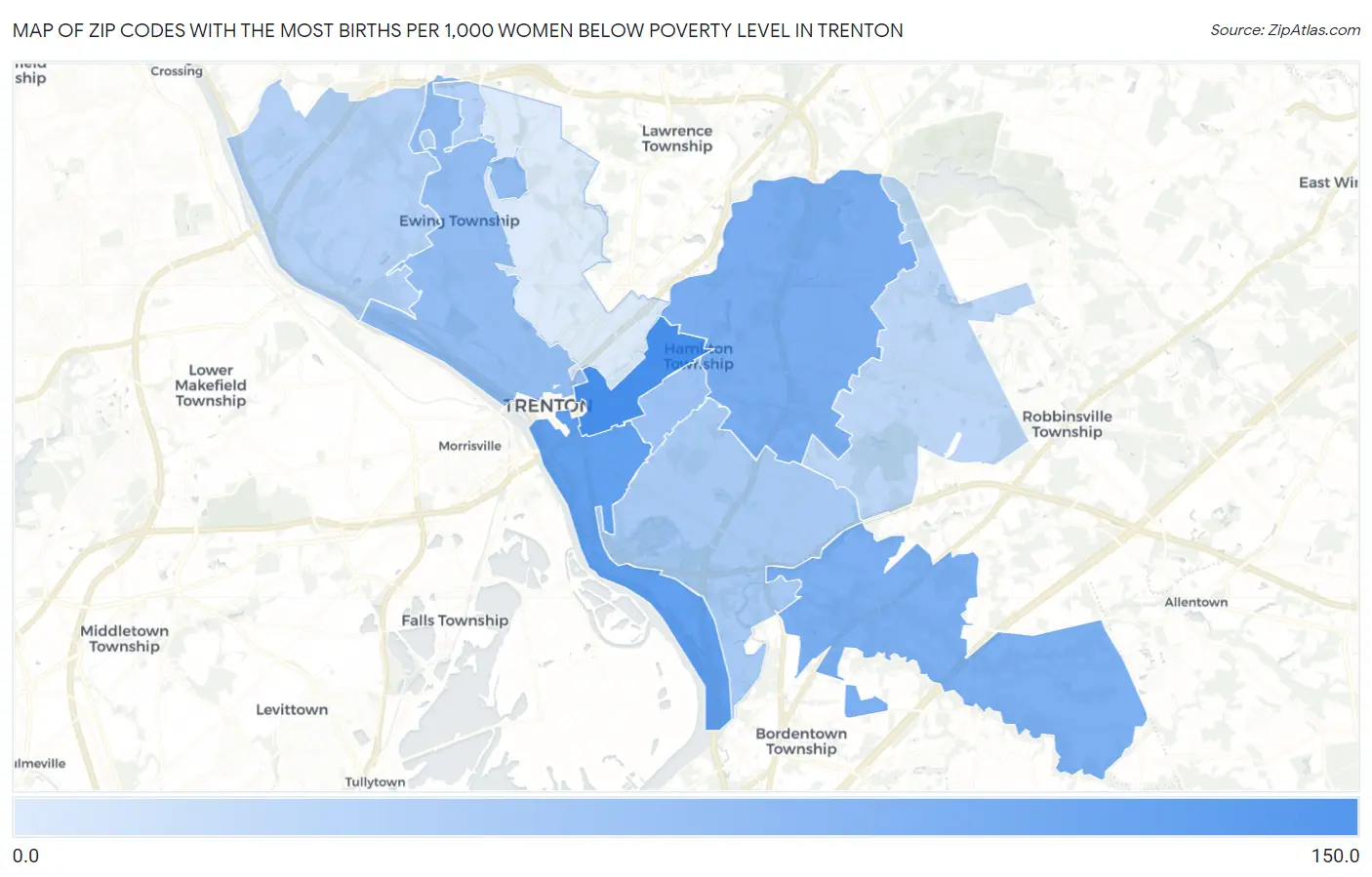 Zip Codes with the Most Births per 1,000 Women Below Poverty Level in Trenton Map