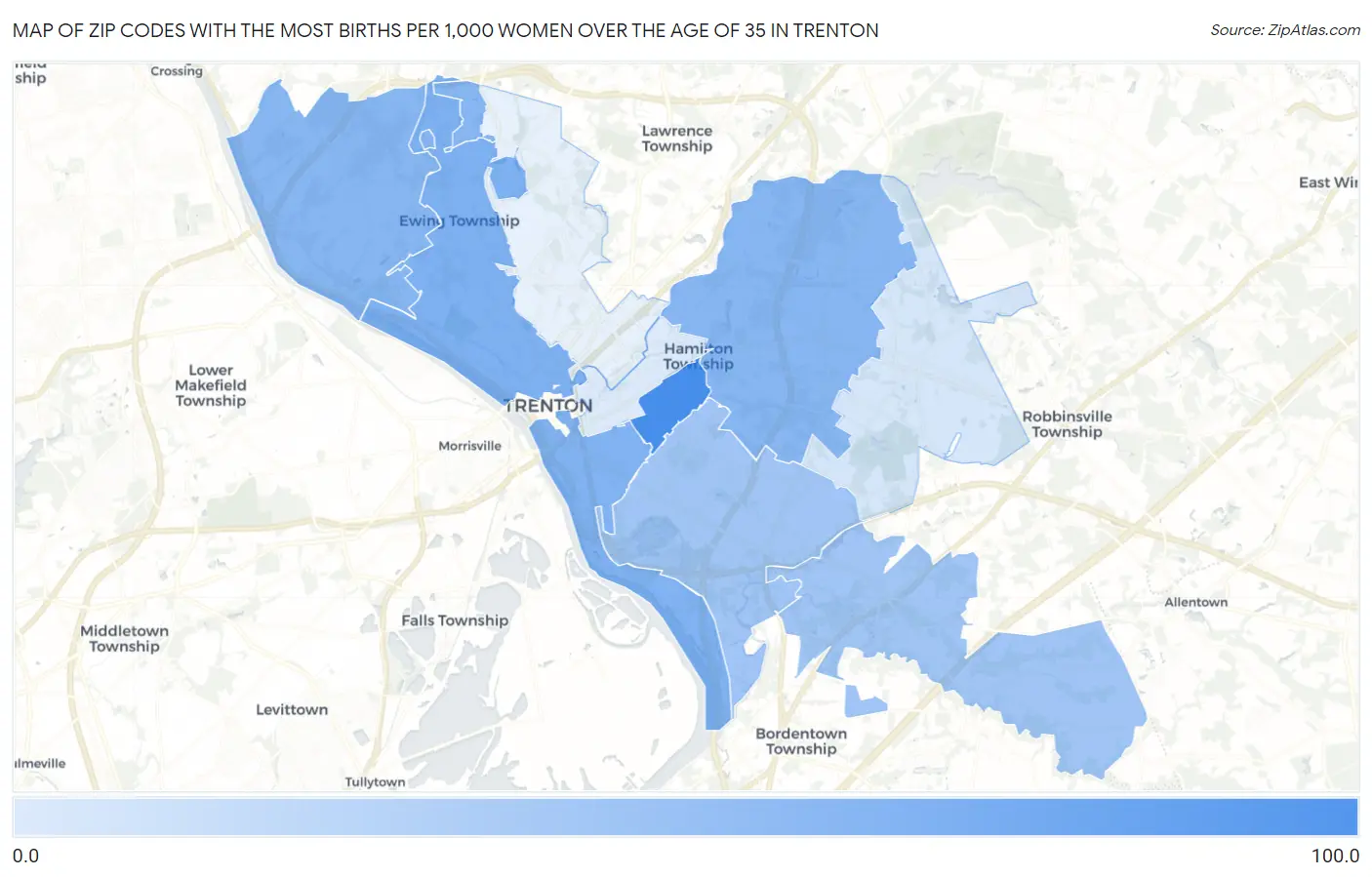 Zip Codes with the Most Births per 1,000 Women Over the Age of 35 in Trenton Map