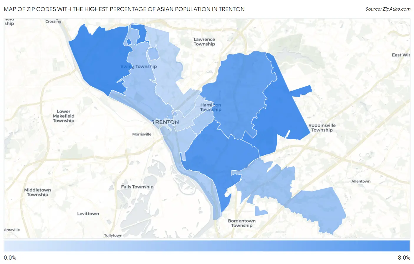 Zip Codes with the Highest Percentage of Asian Population in Trenton Map