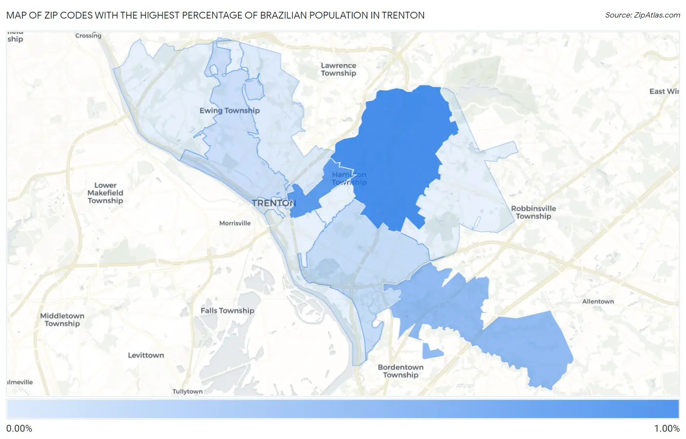 Zip Codes with the Highest Percentage of Brazilian Population in Trenton Map