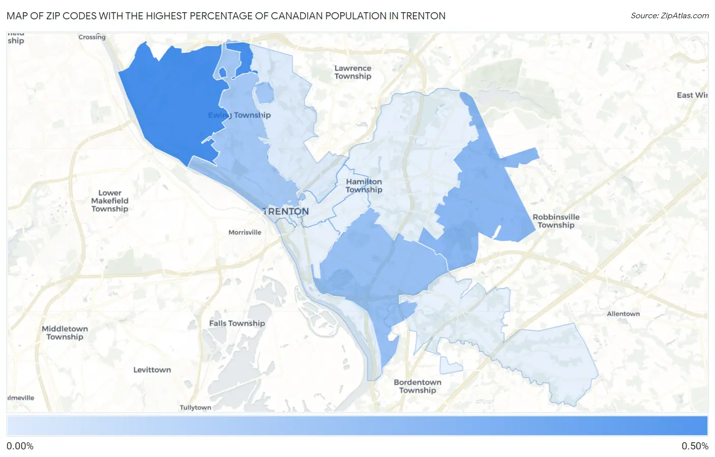 Zip Codes with the Highest Percentage of Canadian Population in Trenton Map