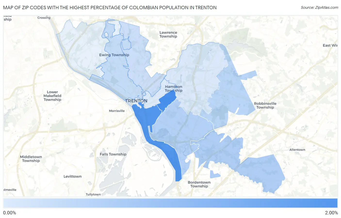 Zip Codes with the Highest Percentage of Colombian Population in Trenton Map