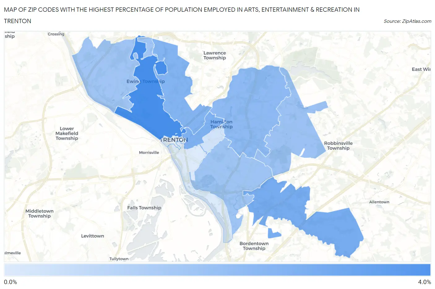 Zip Codes with the Highest Percentage of Population Employed in Arts, Entertainment & Recreation in Trenton Map