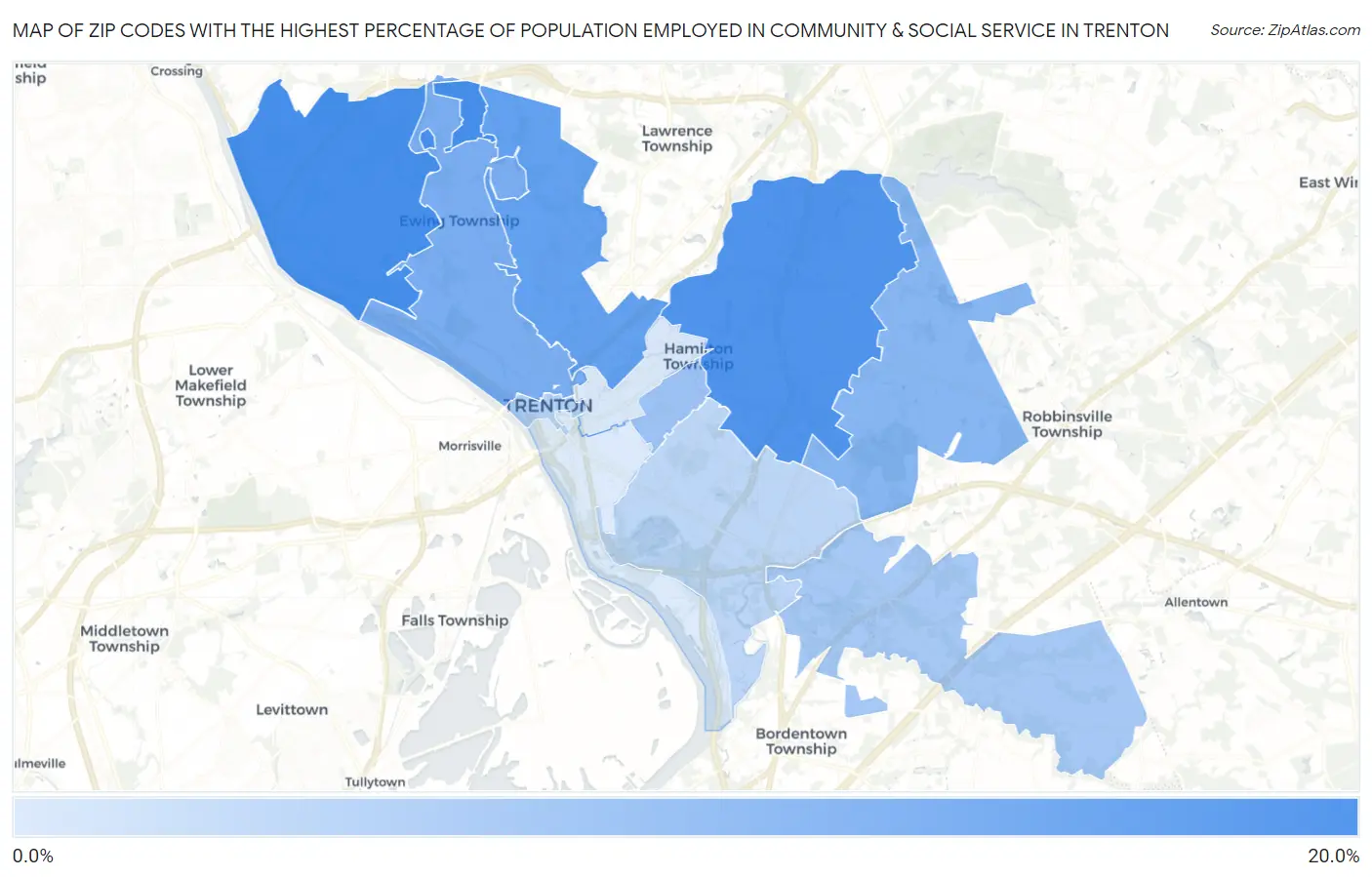 Zip Codes with the Highest Percentage of Population Employed in Community & Social Service  in Trenton Map
