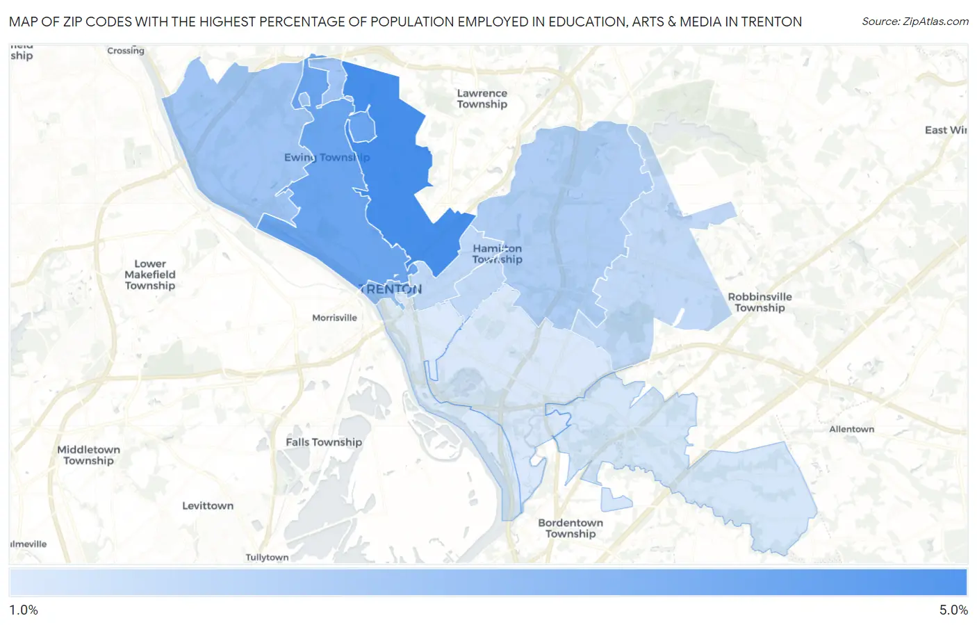 Zip Codes with the Highest Percentage of Population Employed in Education, Arts & Media in Trenton Map