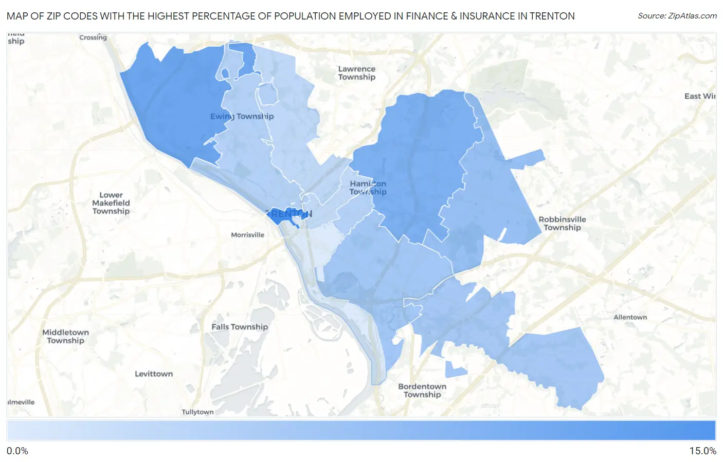 Zip Codes with the Highest Percentage of Population Employed in Finance & Insurance in Trenton Map