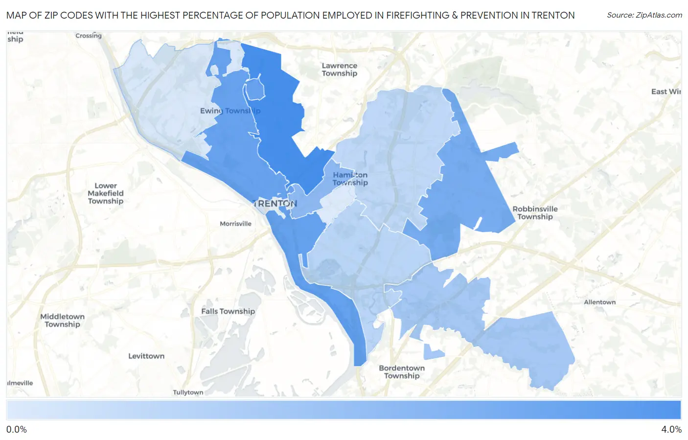 Zip Codes with the Highest Percentage of Population Employed in Firefighting & Prevention in Trenton Map