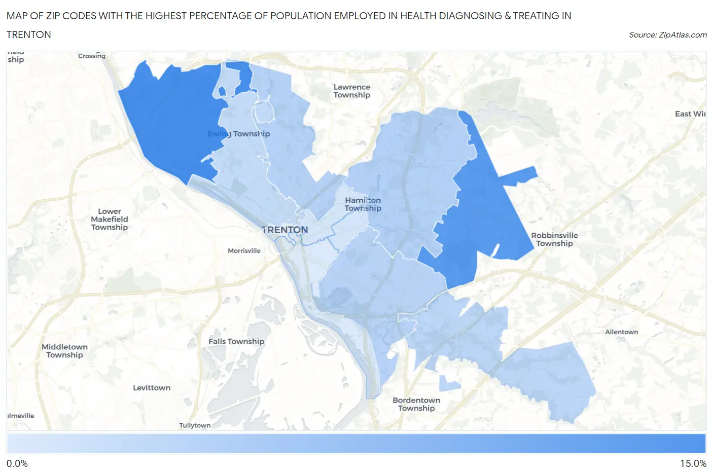 Zip Codes with the Highest Percentage of Population Employed in Health Diagnosing & Treating in Trenton Map
