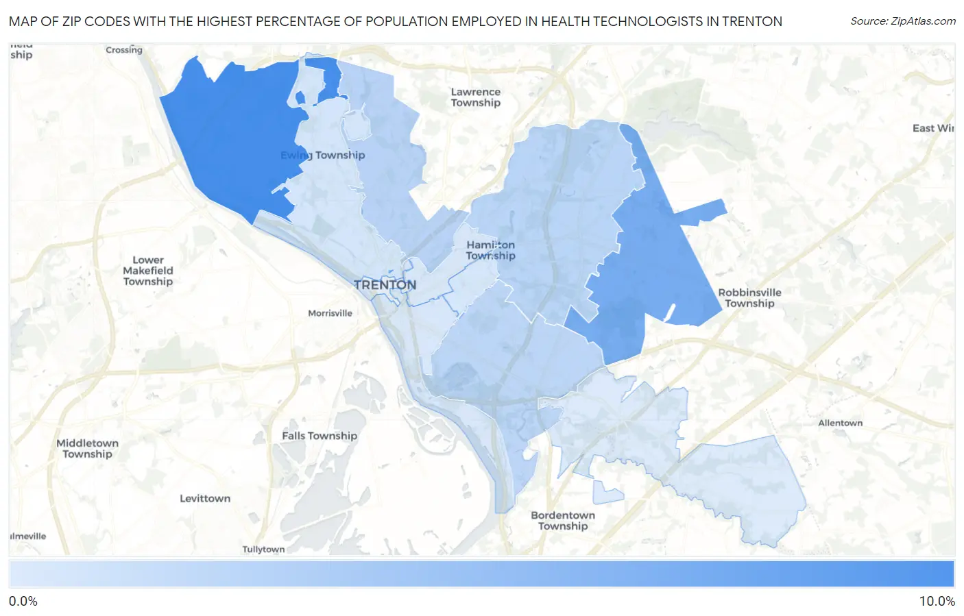 Zip Codes with the Highest Percentage of Population Employed in Health Technologists in Trenton Map