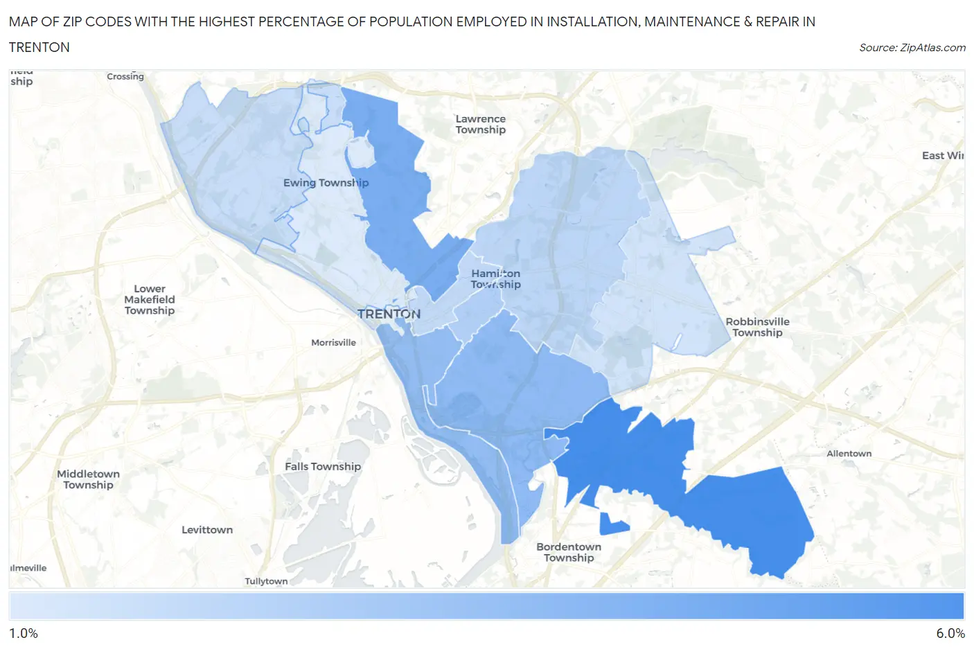 Zip Codes with the Highest Percentage of Population Employed in Installation, Maintenance & Repair in Trenton Map